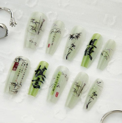 Chinese Poetry Design False Nails - 10Pcs Bamboo Acrylic Set