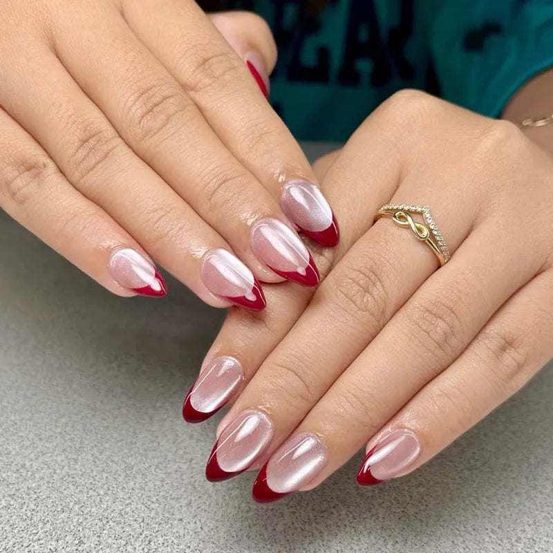 Press On Nails: Glossy Red Cat's Eye Press On Nails - 24pcs Almond Shape