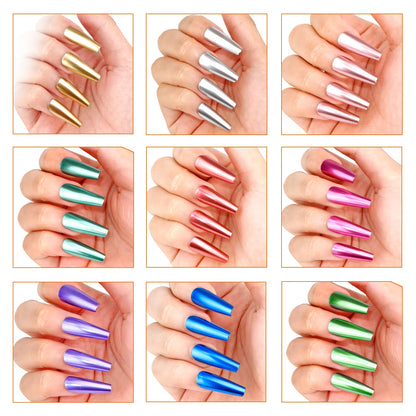 TWOING 8ml 9 Colors Metallic Mirror Nail Polish Set, Quick-Dry Chrome Nail Polish, Long-Lasting High Shine for DIY Manicure