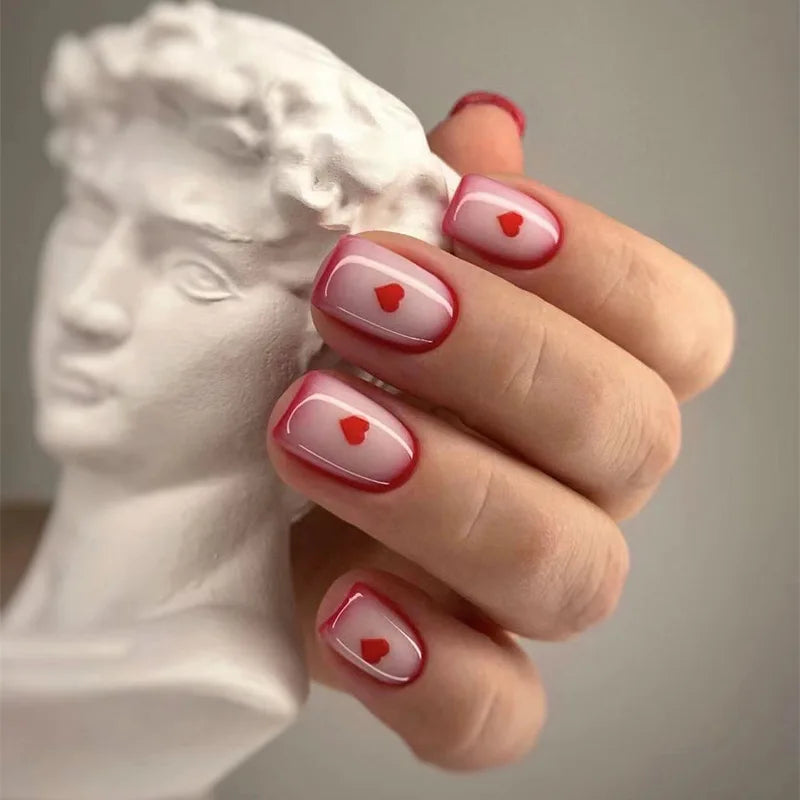 Red Love Heart French Nail Art - Cute Nude Pink Fake Nails