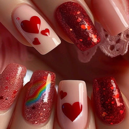 24Pcs Short Square Coffin False Nails Square Fake Nails with Glue French Glitter Wearable Acrylic Nails Set Press on Nail Tips