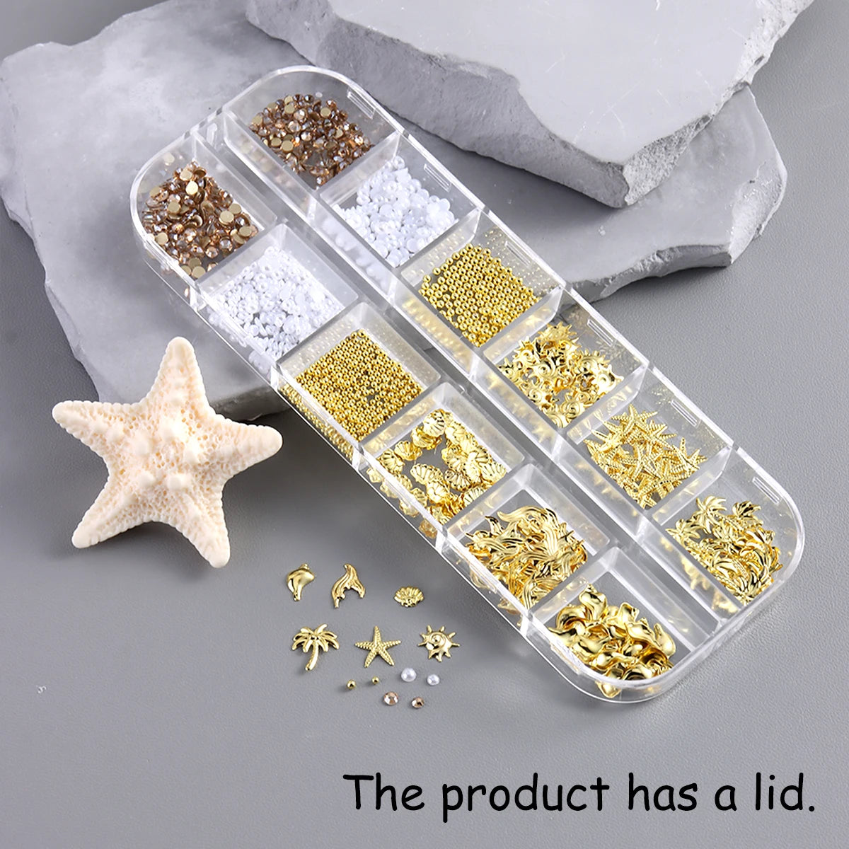 Golden starfish and seashell nail art decorations, 3D ocean fan shell and conch ornaments, mini steel bead nail accessories.