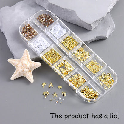 Golden starfish and seashell nail art decorations, 3D ocean fan shell and conch ornaments, mini steel bead nail accessories.