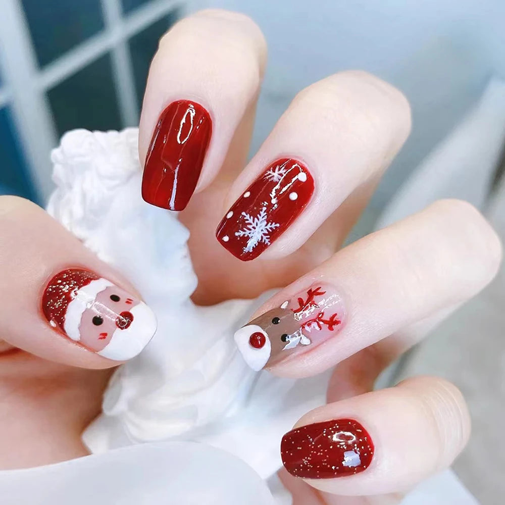24pcs Red White French Line Christmas Sweet False Nails With Snowflake Rhinestone Starburst Design Pink Almond Press On Nails