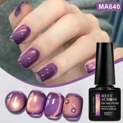 MEET ACROSS Guava & Grape Color Cat Magnetic Gel Green Glass Bead Cat Eye Gel Soak Off UV Gel Nail Art Varnish Salon Home DIY