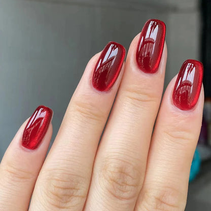Press On Nails: Glossy Red Cat's Eye Press On Nails - 24pcs Almond Shape