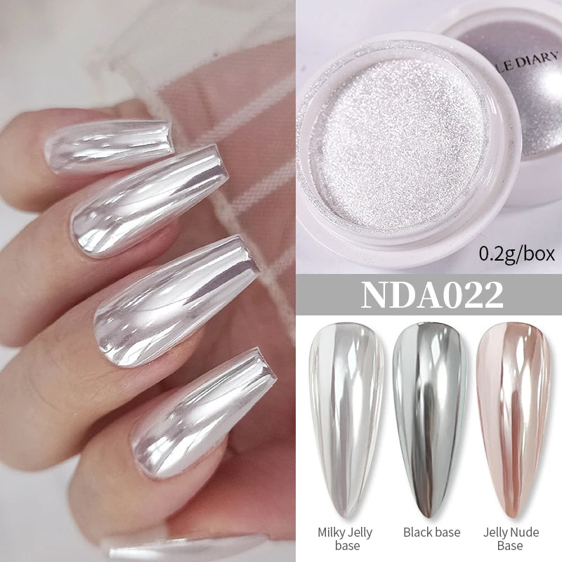 Dip Powder Nails: Bright White Pearl Nail Powder - Mirror Aurora Effect