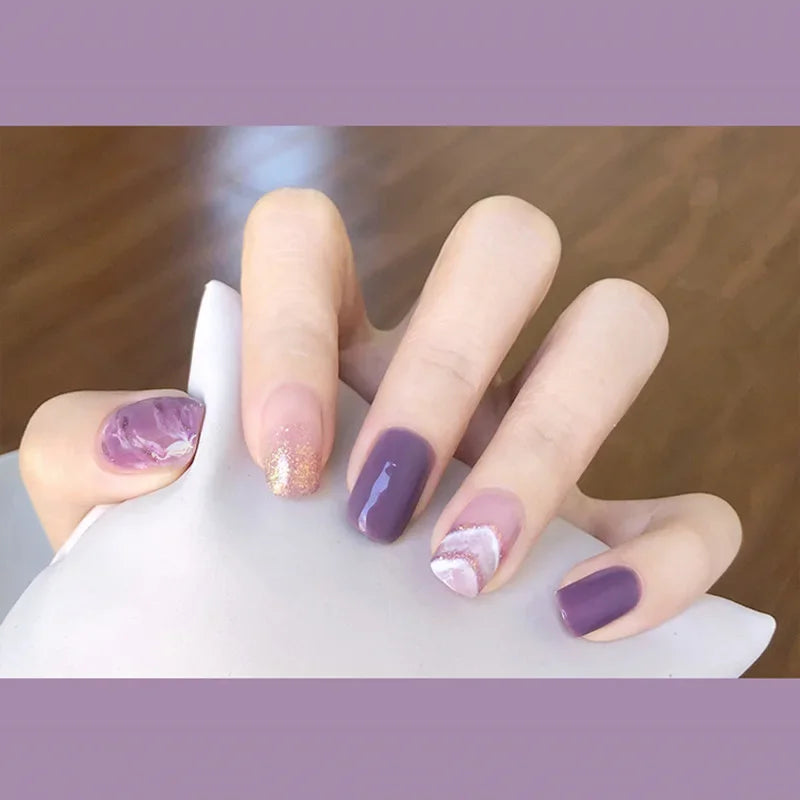 24pcs French Lemon Full Cover Artificial Fake Nails Art Seamless Removable Coffin False Nails With Glue Girls Press On Nail Tips