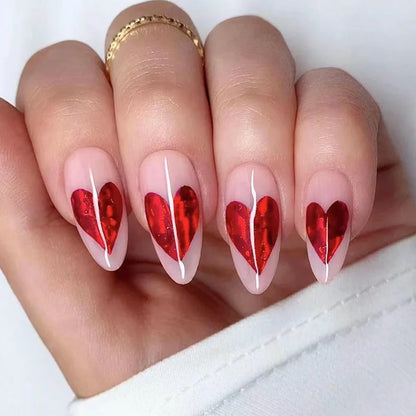Red Love Heart French Nail Art - Cute Nude Pink Fake Nails
