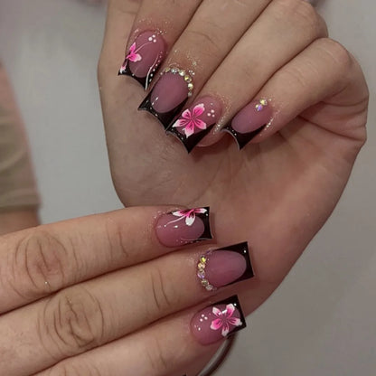 Press-On Nails: French Pink Short Square with Rhinestones