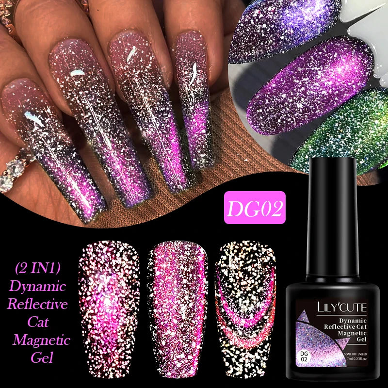 LILYCUTE 7ml Reflective Cat Magnetic Gel Nail Polish Dynamic Double Light Magnet Gel Polish Semi Permanent UV Gel For Nail Art