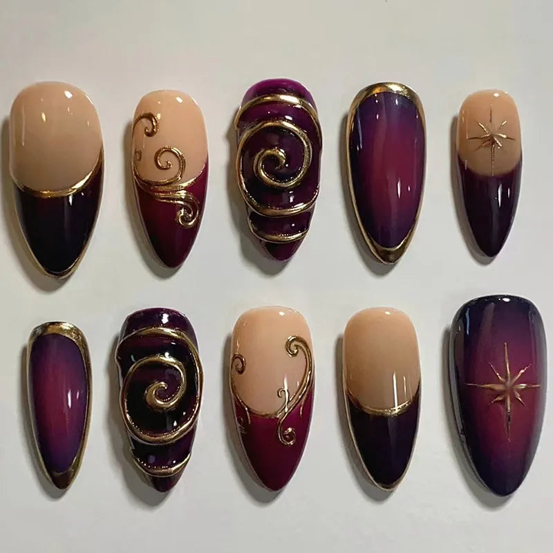 Black Y2K Long False Nails - 24Pcs Almond Cat's Eye Design