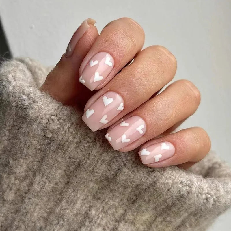 Red Love Heart French Nail Art - Cute Nude Pink Fake Nails