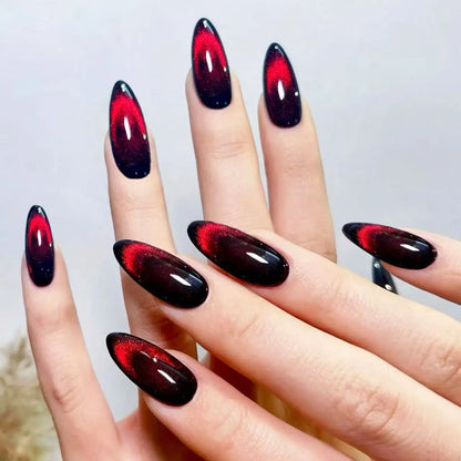 Press On Nails: Glossy Red Cat's Eye Press On Nails - 24pcs Almond Shape