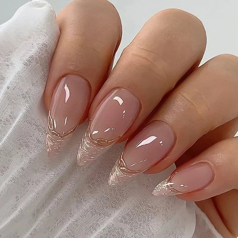 Fake Nails Almond 24Pcs - White Edge, Pink Stiletto